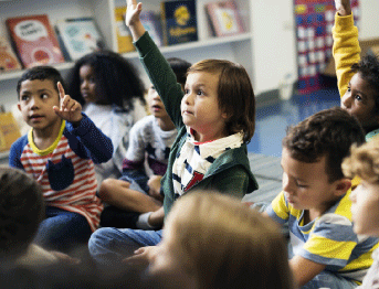 Kids raising hands in class